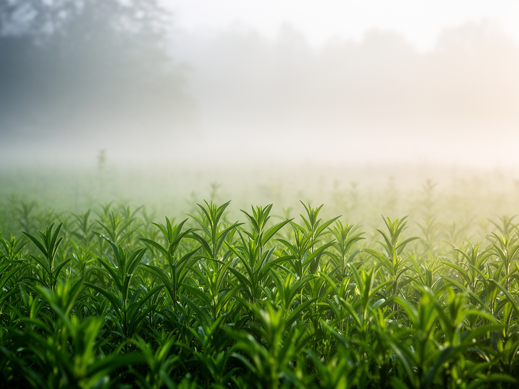 Paesaggio naturale sereno con piante erbacee verdi su sfondo con luce soffusa e nebbia mattutina, atmosfera calma e contemplativa