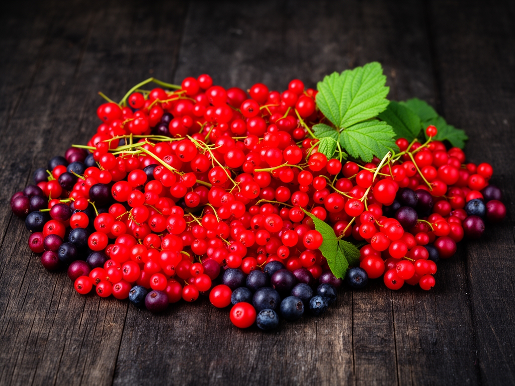 Frutti rossi e bacche selvatiche disposti su fondo di legno scuro, luce naturale che esalta il colore vivido, composizione artistica stilizzata