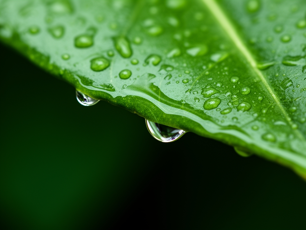 Goccioline d acqua che cadono su una foglia verde lucida vista dall alto, sfondo sfocato verde scuro, macro fotografia naturalistica con profondit&agrave; di campo ridotta