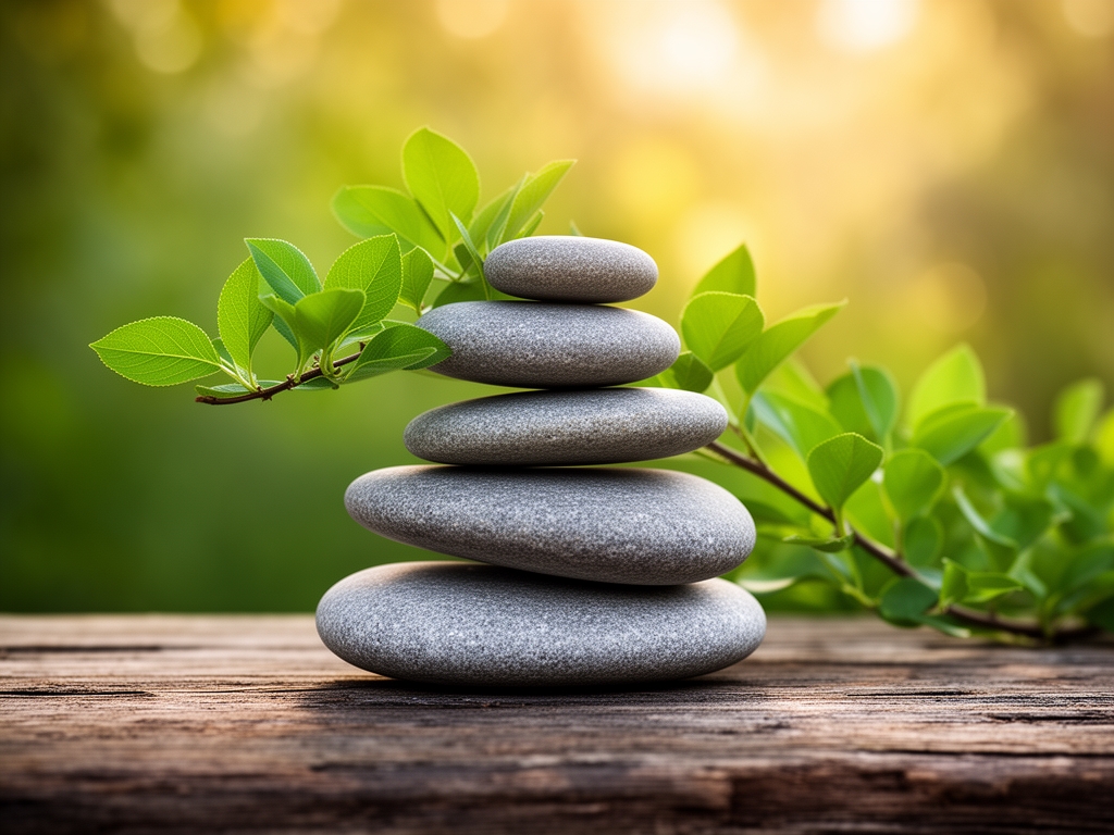 Pietre piatte impilate su superficie di legno vicino a rami con foglie verdi, sfondo bokeh sfocato con luce calda, simbolo di equilibrio e stabilit&agrave; naturale